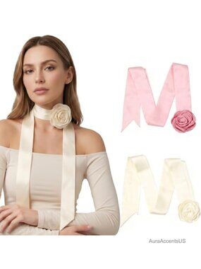 2 Pack 78" Satin Silk Skinny Scarf Choker w/ 3D Rose Floral Necktie Headband